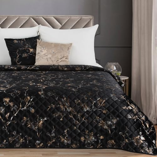 Eurofirany Tagesecke mit elegantem Blumenmuster Doppelbett Samt Velours Glamour Dekorativer Bettüberwurf cremige Decke Schwarze Sofadecke silberner Überwurf (Schwarz, 170x210 cm)