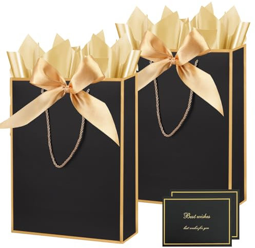 Gift Bags for Presents, 2 Pack Medium Paper Bags with Bow Ribbon Tissue Paper Cards Thank You Gift Bag with Handles for Christmas Holiday Birthday Shopping(Black)