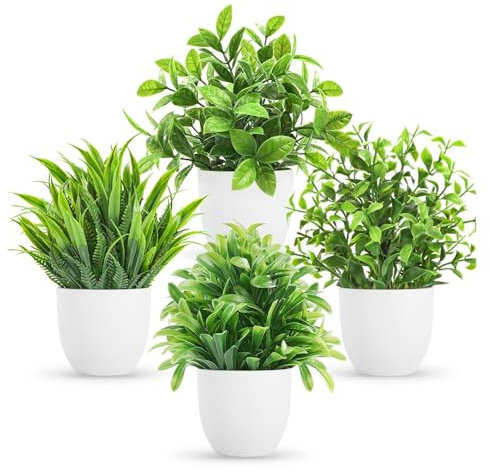 Tkxjry 4 Pezzi Piccole Piante Decorative Finte, Mini Piante Artificiali Verdi in Vaso Plastica, Piante Artificiali Verdi, per Soggiorno e Decorazione della Casa, Scrivania, Ufficio