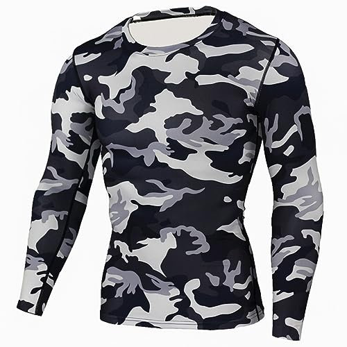 Tops Hommes Tactique Camouflage T-Shirt à Manches Longues Respirant et à Séchage Rapide Tee Shirt à Col Round pour L'Alpinisme Hauts à Coupe Régulière (Y-2-Grey, XXL)