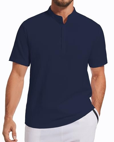 LUYANA Mens Linen Cotton Shirts Banded Collar Casual Beach Summer Short Sleeve Shirts Lightweigth Navy L