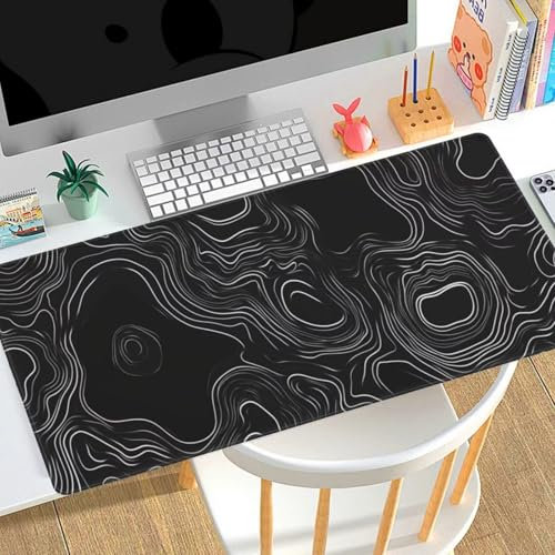 Tapis de Souris XXL 1400x600x3mm Tapis de Souris Noir Carte topographique，Grand Tapis de Souris Gamer，Tapis Bureau Antidérapant Étanche，sous-Main Bureau Large en Tissu，Maison Bureau Décor Cadeau J84