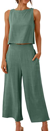 KDEIHT Musselin Hosenanzug Damen Sommer Zweiteiler Tank Top und Hose 2 Teiler Elegant Hosenanzüge Baumwolle Leinen Jogginganzug Elegant Outfit Business Casual Anzug Leicht Luftig Freizeitanzug