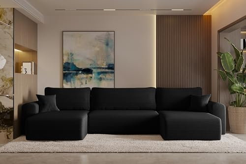 Friderik Ecksofa Capri U – 362 cm Schlafsofa mit Bettkasten & Schlaffunktion, Poso-Stoff, Universelle Konfiguration, Wohnlandschaft, 5-Sitzer, Schwarz, Poso 135