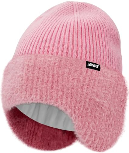 ATNKE Strick Beanie Mütze mit Ohrenklappen für Herren und Damen, Dehnbar Dick Warm Fleece Gefüttert Alltagstauglich Winter Weich Mit Bündchen Wollig Totenkopfmütze Geschenke