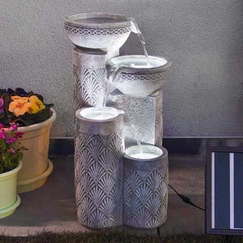 Festive Lights - 50cm White Seashell Pattern LED Lit Hybrid 4-Tier Cascading Bowls Water Feature - Solar, USB & Mains Powered, Indoor Outdoor Garden Fountain, Timer Function, Polyresin, External Panel