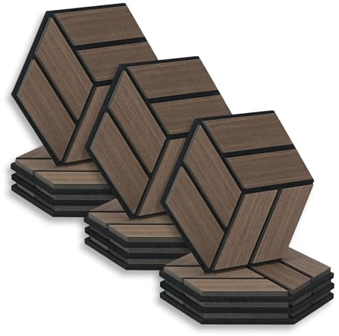 Homestyle4u 12x Hexagon Akustikplatten 30x26x2 cm Braun Wandpaneele