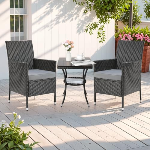 Clevich Balkonmöbel Set 3tlg-Strapazierfähige Polyrattan Terrassenmöbel 2 Personen, Rattan Gartenmöbel Set Klein mit Gartentisch und 2 Stühlen für Kleiner Balkon, Terrasse und Draußen (Schwarz)