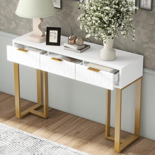 Table console étroite avec 3 tiroirs, sans miroir, repose-pieds, réglable, 120 x 36 x 80 cm, buffet, table de rangement, pour couloir, salon, chambre à coucher (blanc + doré)