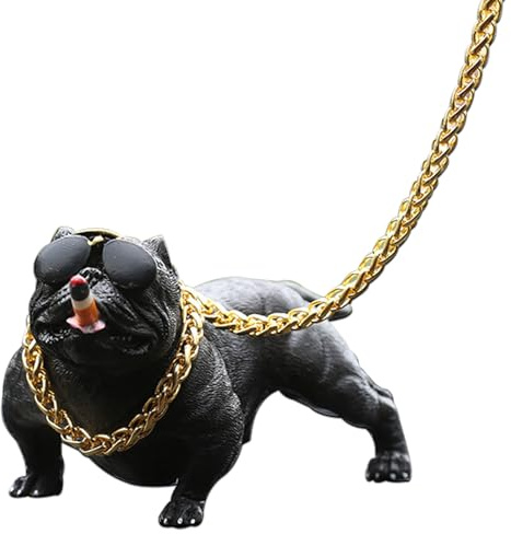 HIZEFSOO American Bully Dog Auto Armaturenbrett Ornament Harz Pitbull Figur mit Goldkette Bulldogge Statue für Auto Innenraum Home Office Schreibtisch LKW Dekoration Autozubehör und Geschenke (Schwarz