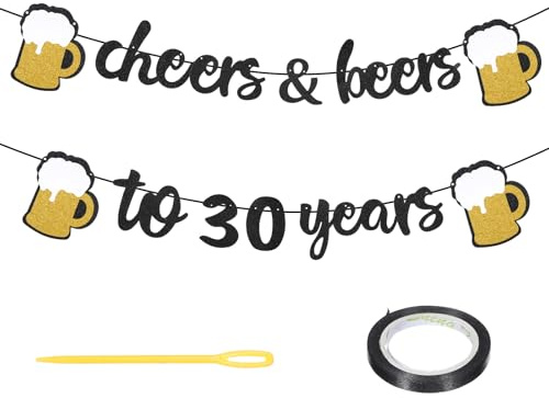 DOPENSPI Deko 30 Geburtstag Männer Frauen, Glitzerbanner Cheers&Beers to 30 Years Girlande Schwarz Gold Deko 30. Geburtstag Happy Birthday Banner