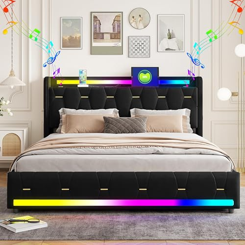 XMETPR Bettgestell mit Schubladen Stauraum 140x200cm Samt Schwarz | USB & Type-C Ladestation, ohne Matratze, 4 Schubladen, LED-Beleuchtung, geräuschlos, Polsterbett