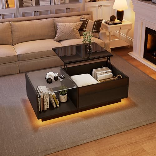 OKMYHOME Table Basse Relevable avec LED, Noire, 100 × 50 cm | Hauteur 33 - 46.5 cm, rangement caché, plateau réglable, MDF, design moderne, pour salon