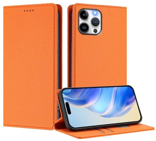 Compatible with iPhone 14 Pro Case, Kickstand Flip Leather Wallet Book Case with Card Slots Shockproof Magnetic Closure Protective Phone Case Cover - Orange