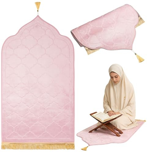 YYTECH Gebetsteppich, Muslimischer Gebetsteppich, Lslamische Gebetsmatte Weich Prayer Mat, Muslimische Matte für Frauen, Männer, Eid, Reisen, Ramadan, Teppich Dicker Stoff(Rosa)