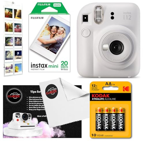 Instant Camera Bundle with Fujifilm Mini 12 Camera, Fujifilm 20 Shot Mini Film, 4 x AA Batteries, Wall Album, Clikoze Lens Cloth and Instant Photography Tips Card (White)