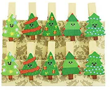 Oblique-Unique® Kleine Mini Holz Wäscheklammern Holzklammern Deko Klammern mit Motiv (Weihnachtsbäume)