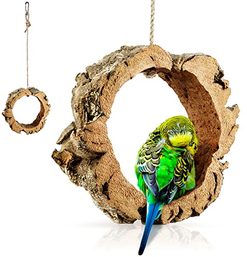 Kork-Schaukel für Vögel und Nager, Rund, aus Naturkork zum Schaukeln, Spielen, Anknabbern und Knuspern, Reine Kork-Rinde | desinfiziert | Karabinerhaken aus Edelstahl | Vogel Zubehör & Spielzeug