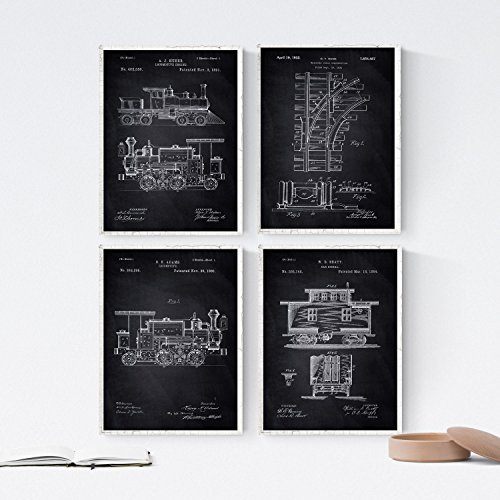 Nacnic Schwarz Eisenbahn Patent Poster 4-er Set. Vintage Stil Wanddekoration Abbildung von Züge und Verkehrsmittel. Verschiedene geometrische Alte Erfindungen Bilder ohne Rahmen. Größe A4.