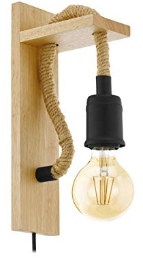 Eglo Applique Murale Rampside - 1 Ampoule - Vintage - Design Industriel - Applique Murale en Acier et Bois - Couleur : Noir, Marron - Culot : E27 - Interrupteur à Câble Inclus