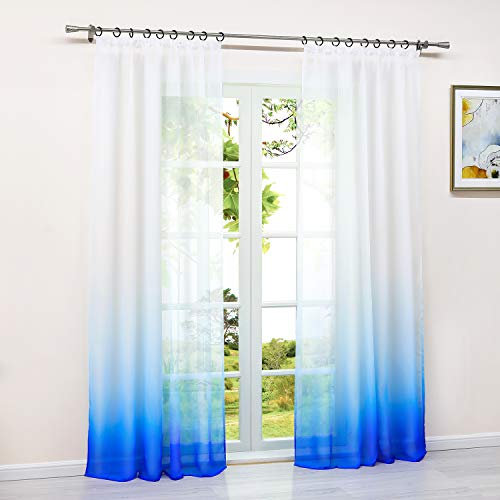HeichkelL 2er-Set Farbverlauf Vorhänge mit Kräuselband Voile Transparente Gardinen 2 Stück Dekoschals Fensterschal für Wohnzimmer Blau Blau B x H 140 cm x 245 cm(je Stück)
