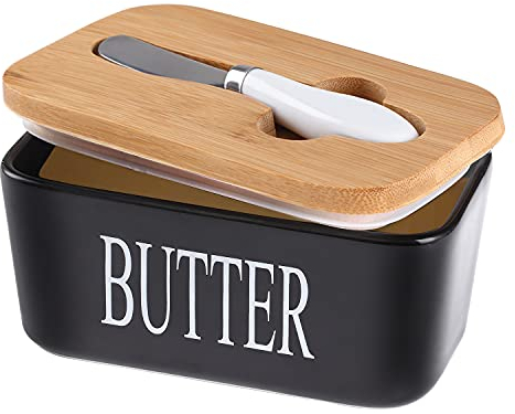 Lxmons Ceramic Butter Dish with Wooden Lid, Large Butters Container Keeper Storage with Stainless Steel Knife Spreader, Bamboo Cover and Silicone Sealing Ring for West East Coast, Black