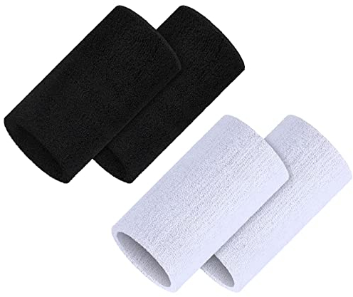 4 Pieces/ 2 Pairs Sports Wristbands 5.9 Inches Wrist Sweatbands Elastic Athletic Wrist Bands Breathable Cloth Wrist Sweat Bands for Men Women Sports Working Out (Black, White)