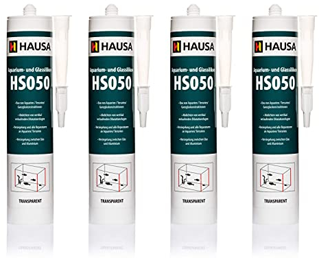 HAUSA Aquarium Silicone Verre Silicone HS050 Colle et mastic silicone professionnels pour aquariums terrariums et constructions en verre Résistant à l'eau douce et à l'eau de mer 4x310ml transparente