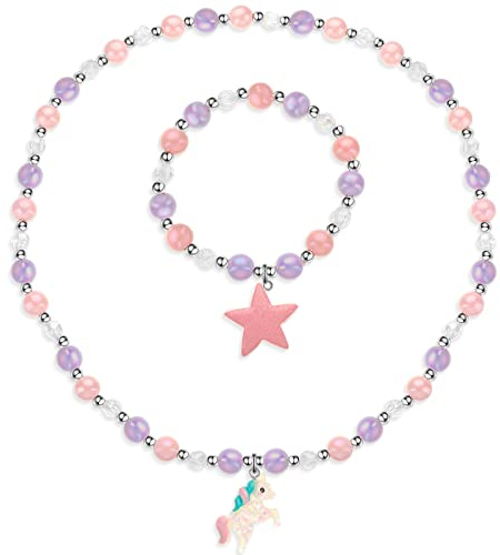 Yaomiao Kinder Schmuck Set Einhorn Perlen Halskette und Armband Schmuck für Mädchen Kinder 2 Stück Mädchen Halskette Einhorn Armband Set für Geschenke Geburtstag Spielzeug (Entzückender Stil)