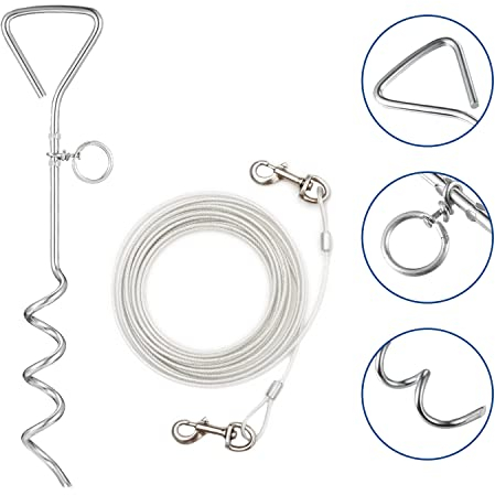 1Above_20ft(6m) heavy duty Dog stake and tie out cable with 16 Inch spiral ground stake Puppy pet Outdoor Tie Out Lead Leas