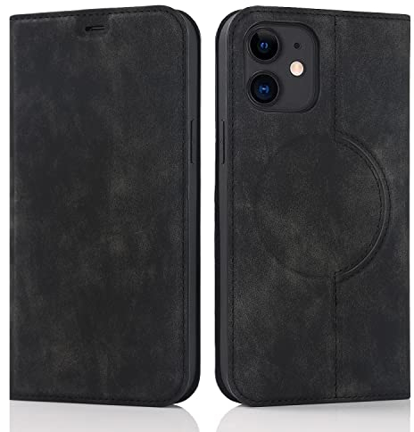 QLTYPRI Wallet Case for iPhone 12/iPhone 12 Pro (6.1 inch) Compatible with Magsafe Charger, Magnetic Flip Folio PU Leather Phone Case with RFID Blocking Card Slots Kickstand Shockproof Cover-Black