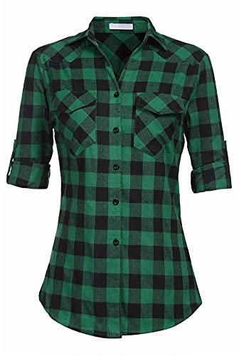 UNibelle Karierte Hemden Damen Langarm Trachtenhemd Holzfällerhemd Bluse Knopfleiste V-Ausschnitt Trachtenbluse 3/4 Ärmeln Oktoberfest Hemdbluse Casual Karo Hemd Dunkelgrün-B L