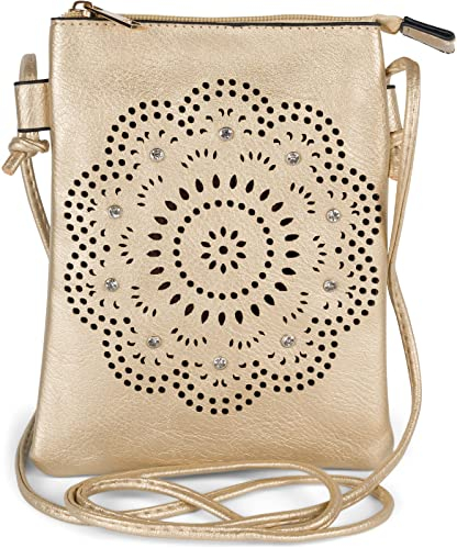 styleBREAKER Damen Mini Bag Umhängetasche mit Blumen Lasercut Cutout Muster und Strass, Schultertasche, Handtasche 02012367, Farbe:Gold