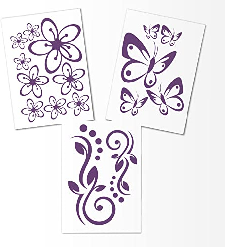 Hibiskus Schmetterling Blüten Ornament SET I - violett - 40x30cm - Wall Sticker Wandtattoo Wandaufkleber - Dekoration, Küche, Wohnzimmer, Schlafzimmer, Badezimmer