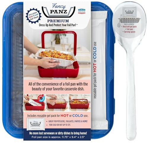 Fancy Panz Premium, Serving Tray for Food, Made in the USA Foil Pan Carrier, Stackable Aluminum Pan Holders, Travel Casserole Carrier, Denim Blue