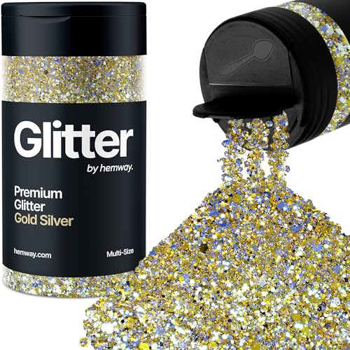 Hemway Premium Glitter Shaker - Gold Silver | 120g Multi Size Metallic Flake Sequins for Resin & Epoxy Crafts | Craft Supplies for Tumblers, Festival, Hair, Face, Body, Eye & Nail Art