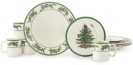 Spode Christmas Tree Holly - Juego de vajilla de 12 piezas (servicio para 4) – Colección de vajilla festiva con platos y tazas – Vajilla de Navidad de cerámica fina – Apto para microondas y