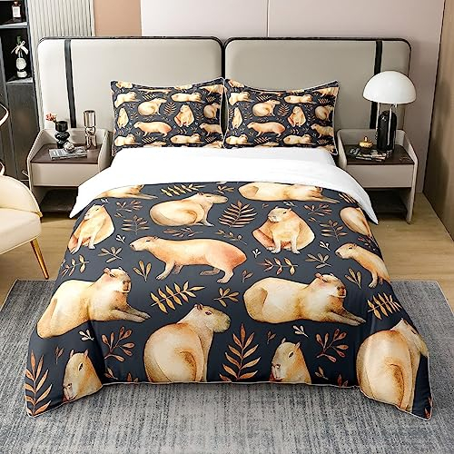 Capybara 100% Baumwolle Bettbezug 135x200,3D Lustige Capybara Tröster Bezug,Kawaii Maus Nagetiere Tiere Quilt Cover für Teens,Botanische Unkraut Pflanzen Bettwäsche mit 1 Kissenbezug,Braun Blau