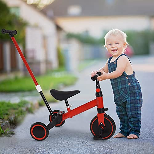 Kleinkind-Dreirad, Kinderfahrrad Laufrad mit Abnehmbare Zusammenklappbar Pedale, Dreirad mit Verstellbaren Sitzen, Lauflernhilfe für Kinder ab 1 Jahre bis 4 Jahren (Mit Putter-Rot)