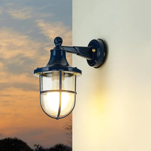 Licht-Erlebnisse Schiffsleuchte außen, Messing, Blau, Außenleuchte Wand Lampe maritim, nostalgisch, Rustikal, IP64, T:22 cm E27, Haus, Garten, Terrassenlampe