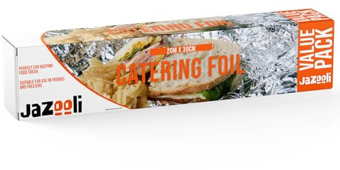 Jazooli Aluminium Kitchen Foil Roll | 20M Heavy Duty Catering Silver Foil | Suitable for Freezing, Baking, Roasting | Tin Foil Roll 20M x 30CM (1x Roll)