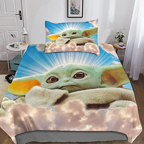 POCHY Baby Yoda Bettwäsche-Set Mit Reißverschluss, Für Jungen Und Mädchen Weiche Mikrofaser Science Fiction Bettbezug-Set 3-teilig Mit Passendem Kissenbezug Single（135x200cm）