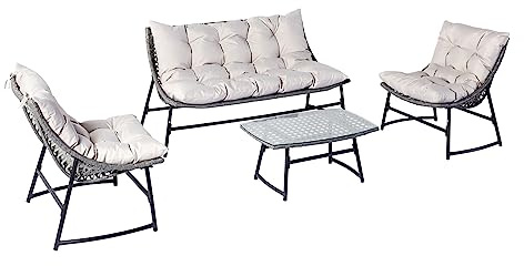 CONCEPT USINE Salon de Jardin Bas GUAHANA Résine Aspect Rotin 4 Places Gris | Gros coussins 14 cm ultra confort, structure acier, table plateau verre trempé