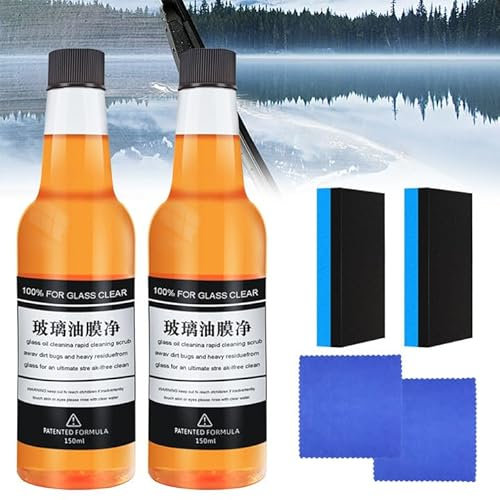Car Glass Oil Film Stain Removal Cleaner, 2pcs 150ML Cleaner for Windscreen, Windshield, Window Cleaning, Mirrors and More, Car Mounted Glass Oil Film Remover With towel and sponge
