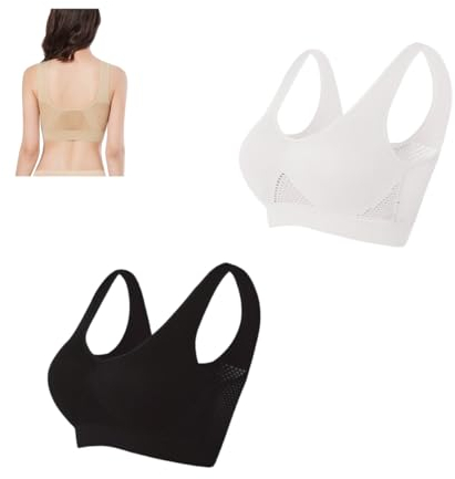 Breathable Cool Lift Up Air Bra, Seamless Wireless Comfort Bra, Plus Size Padded Sport Yoga Bras with Removable Pads (M, White+Black)