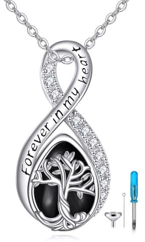POPLYKE 925 Sterling Silver Black Agate Urn Necklace for Ashes for Women Tree of Life Ashes Necklace Black Agate Cremation Jewellery