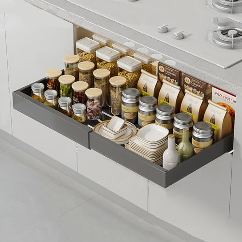 Ventouse Teleskopschublade Ausziehbar Schublade Küche: 42cm Küchenschrank Schubladenauszug Slide Out Schrank mit Kleber Organizer Ordnung ohne Bohren für Hausfrauen Küchenhilfe Breite 42-68cm