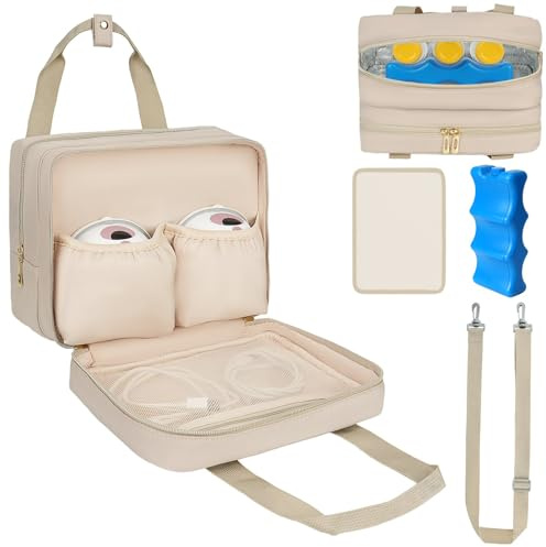 Breastmilk Cooler Travel Bag, Wearable Breast Pump Storage Bag Compatible with Momcozy/Eufy/Elvie/Willow/Medela Breast Pump with Ice Pack and Waterproof Mat,Khaki