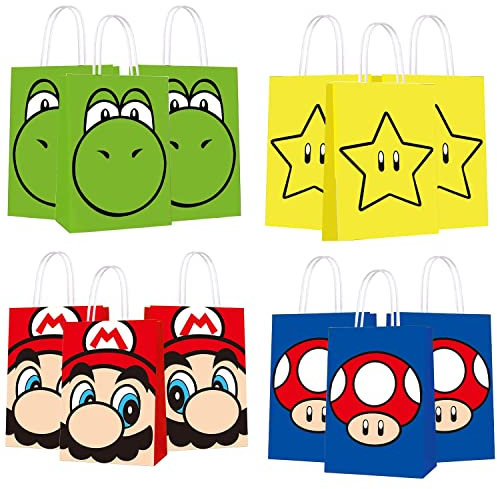MAJEQZGY 12 Stück Mario Geschenktüten Party-Papiertüten mit Griffen Kinderparty Süßigkeitentüten Goodie Bags Geschenktüten für Kindergeburtstag Halloween Süßigkeiten