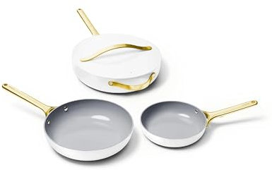 Caraway Fry Pan Trio - Non-Stick Frying Pans (10.5” & 8”) & Non-Stick Saute Pan - Non Toxic, PTFE & PFOA Free - Oven Safe & Compatible with All Stovetops (Gas, Electric & Induction) - White